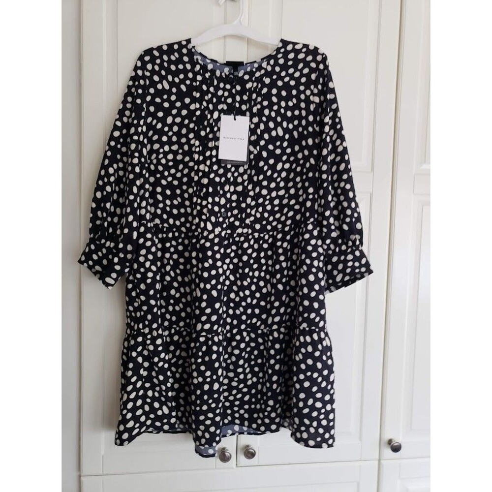 Who What Wear Pleated Mini Dress - Black Polka Dot - Womens XXL - NEW - Picture 3 of 7